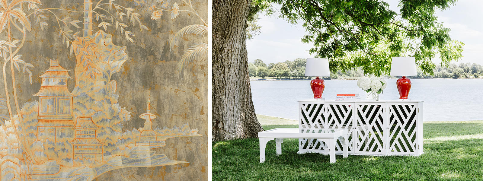 Jamie Merida Collection for Chelsea House - left side shows chinoiserie gold and silver-tone wood panel; right side shows white console cabinet and coffee table in an outdoor setting