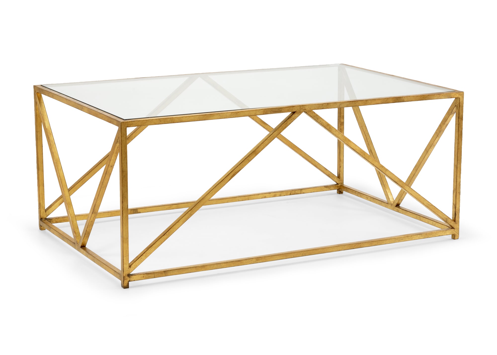 Glass-Top Harlequin Coffee Table from the Jamie Merida Collection for Chelsea House - antique gold base with glass top isolated on white background